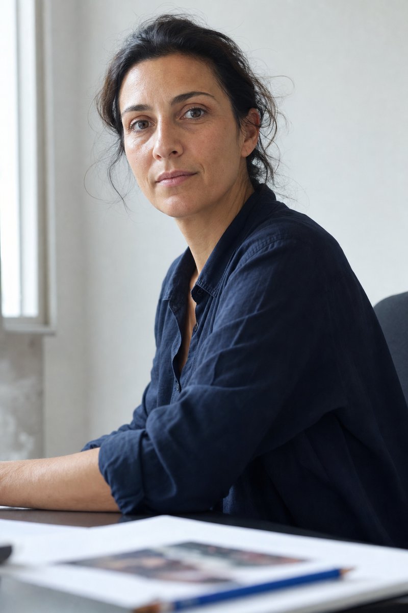 Retrato de Marta Ferrão, sentada a uma secretária clara com uma prova tipográfica e um lápis azul.