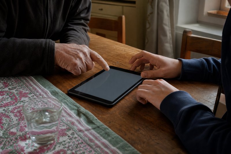 Mãos de uma pessoa idosa e de uma pessoa mais jovem sobre um tablet apoiado numa mesa de cozinha de madeira.
